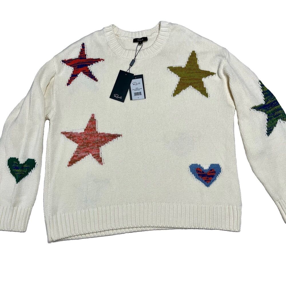 Rails Zoey Cotton Cashmere Blend Sweater Womens S Ivory Multicolor Stars Cozy